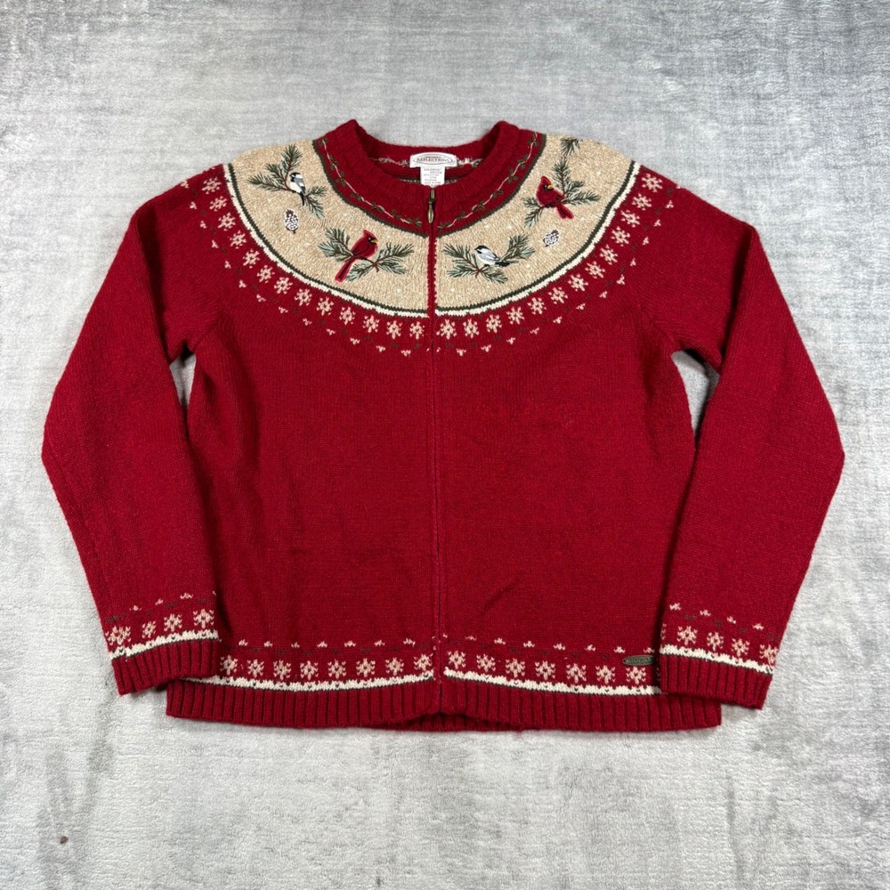 Northern Reflections Cardigan Women Large Red Birds Holiday Zip Sweater Nordic